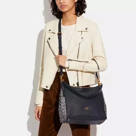 Coach Handbags - Coach Signature Jacquard Shay Leather Shoulder Bag Handbag Purse Navy Blue NEW
